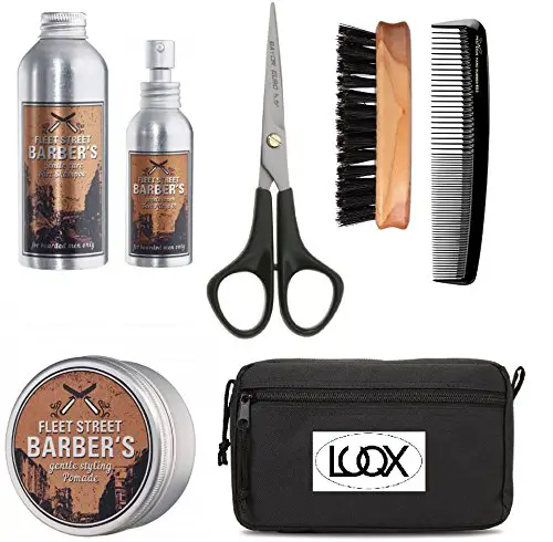 LUQX Bartpflegeset Fleet Street: Fleet Street Bartshampoo, Bartöl & Bartpomade, LUQX Bartbürste & Bartkamm inkl. Bartschere & Tasche (Schere mit schwarzem Kunststoffgriff) Bartpflegeset 7-teilig